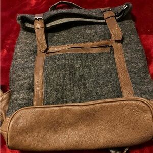 Gray Wool and Brown Leather Backpack - Casual Everyday Bag, Beautiful condition
